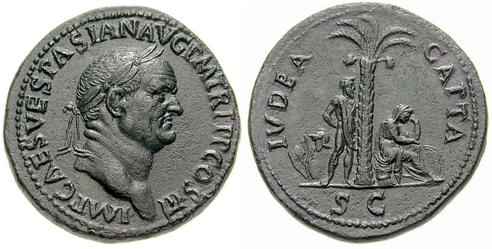 'Judea Capta' sestertius of Vespasian, struck in 71 AD to celebrate the victory in the Jewish Revolt